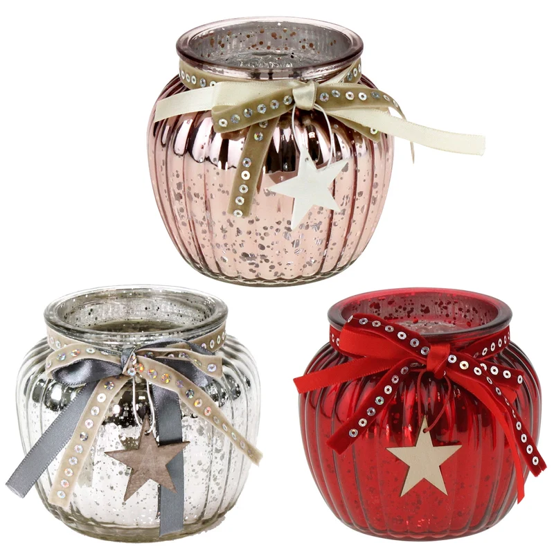 Windlicht mit Holzstern Rot, Silber oder Rosé