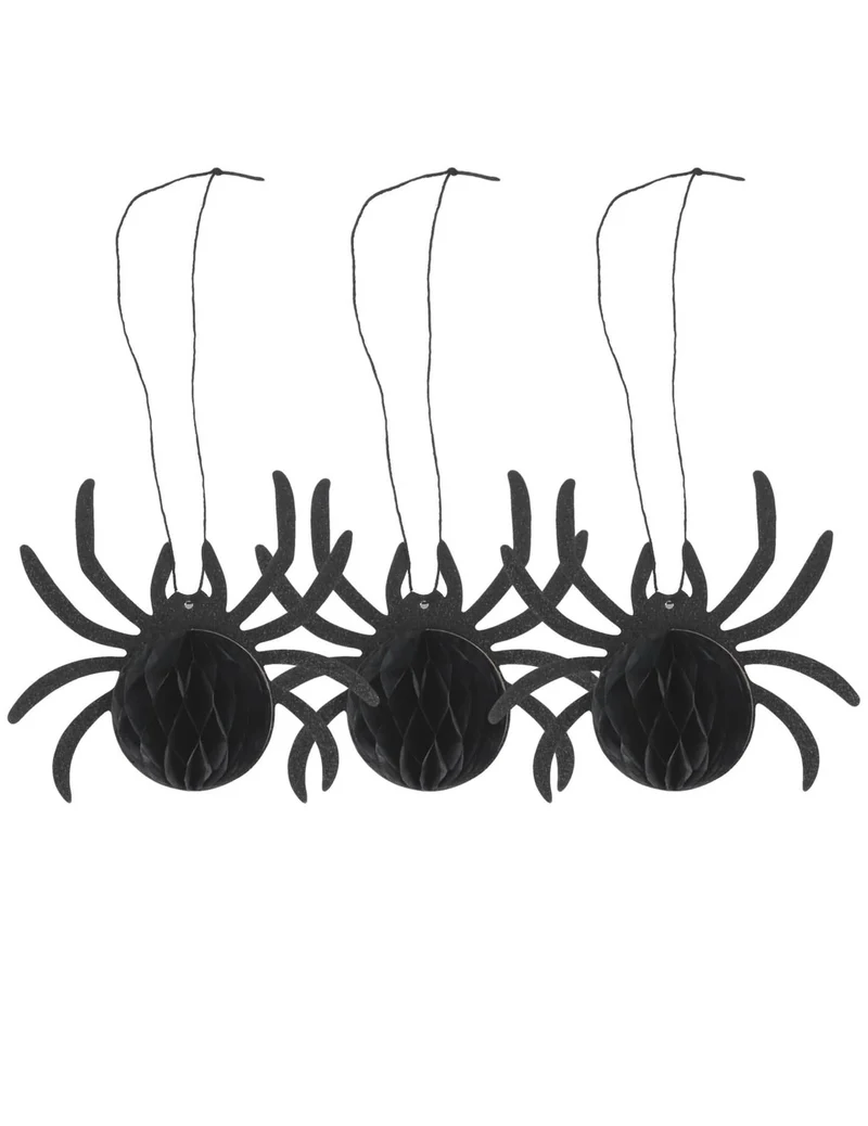 3er-Set Halloween-Spinnen aus schwarzem Wabenpapier mit Glitzer 14x12x6 cm