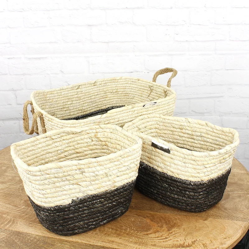 Korb 3 Set / Naturgeflecht mit Jute Griffe