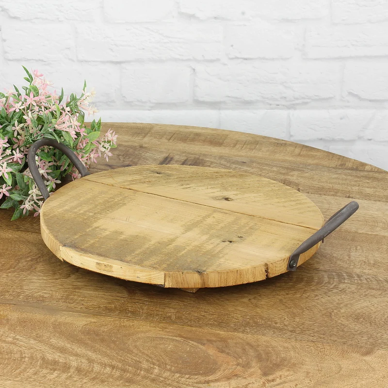 Holztablett rund mit Metallgriff schwarz