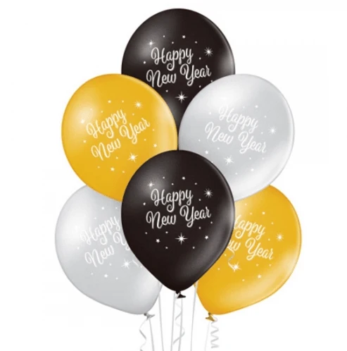 „Happy New Year“-Ballons – Schwarz, Gold, Silber, Torte – 30 cm – 10 Stück
