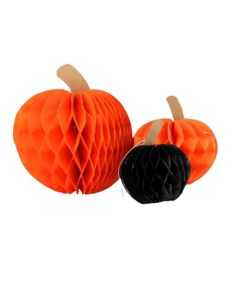 3er-Set Deko-Kürbisse aus Wabenpapier in Orange & Schwarz - 10, 13 & 18 cm