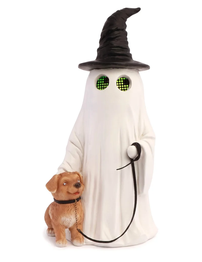 Halloween Deko-Gespenst Summerween aus Harz mit LED-Augen und Hund 45,5cm