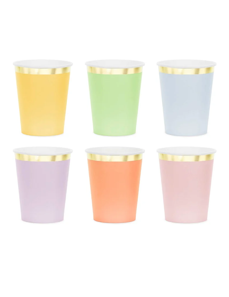 6 Pastell-Becher aus Pappe mit Goldrand 220 ml
