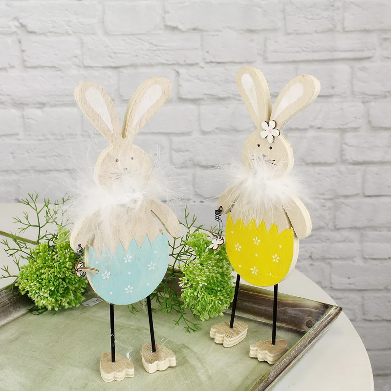 2er Set Hase mit Federn blau & gelb Holz