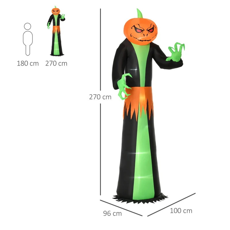 Aufblasbares Kürbis-Kopf-Gespenst, 270 cm mit LED-Beleuchtung. Halloween Deko Luftfigur