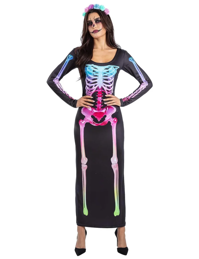 Buntes Skelett-KostÃ¼m fÃ¼r Damen langes Kleid