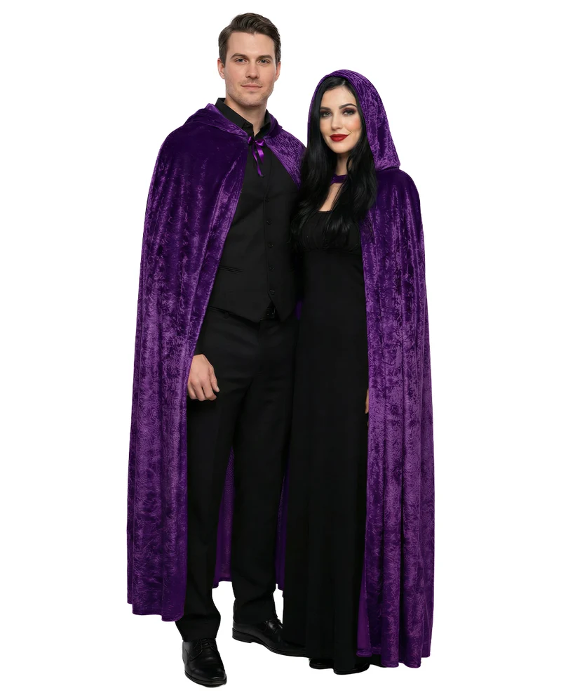 Violetter, bodenlanger Samtumhang mit Kapuze Deluxe 180cm