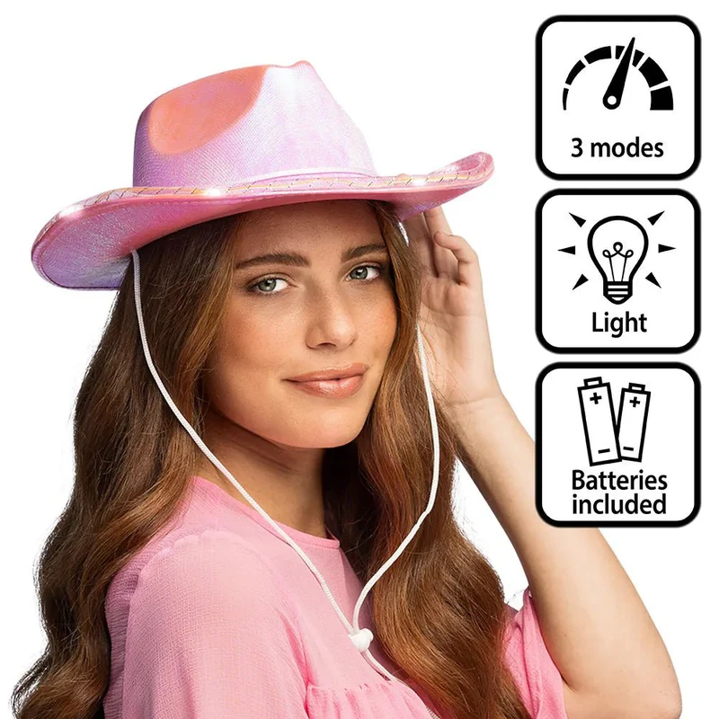 Cowboyhut, rosa, mit Perlen und LED