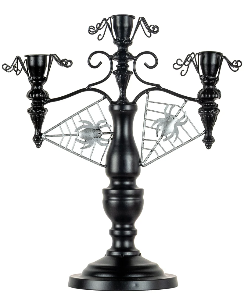 Schwarzer 2-armiger Halloween Metall-Kerzenständer mit Spinnen 32cm