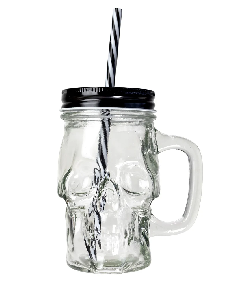 Totenkopf Trinkglas mit Deckel & Strohhalm
