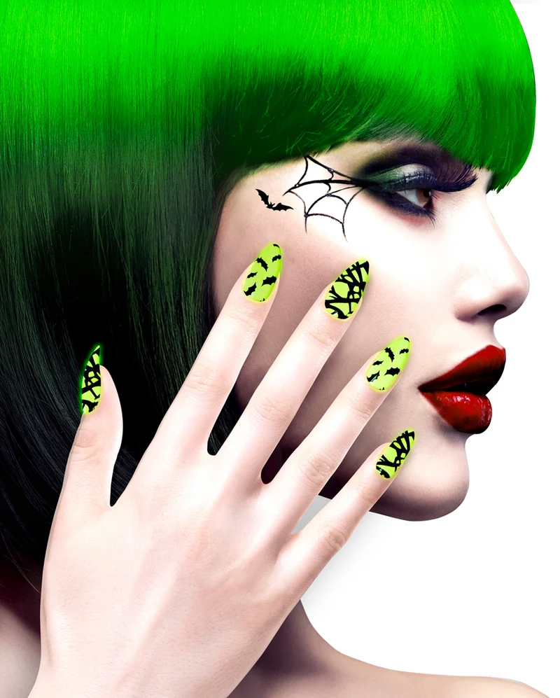 Grüne Neon Fingernägel mit Fledermaus Motiv 12 St.