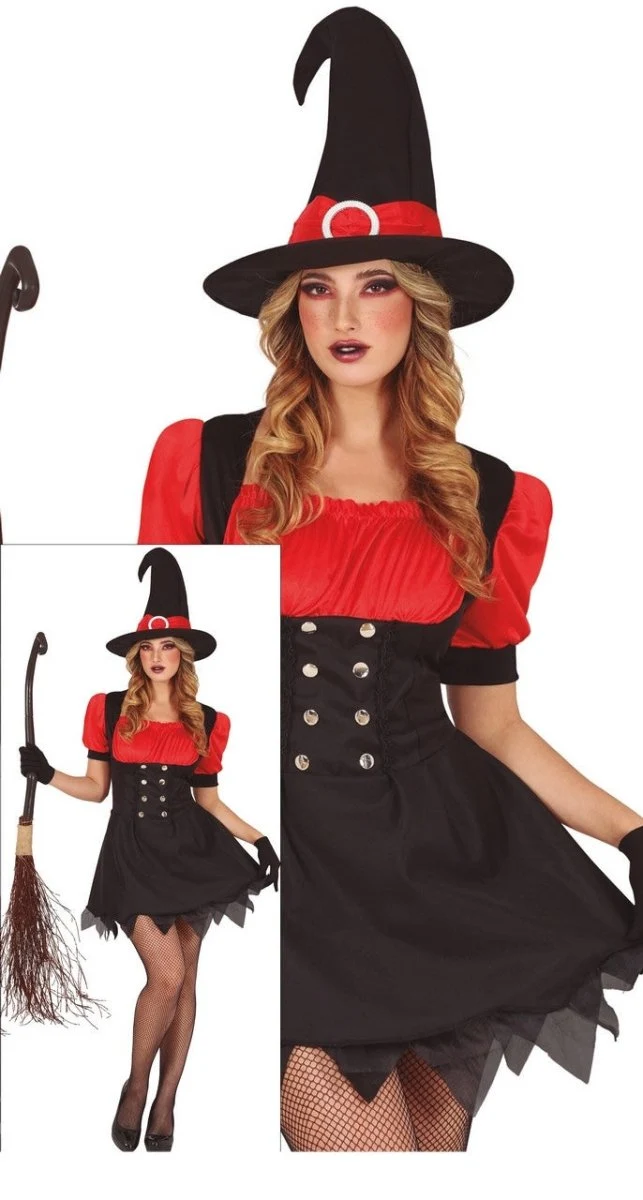 Halloween-Kostüm, schwarz-rot, für Damen, als Hexe