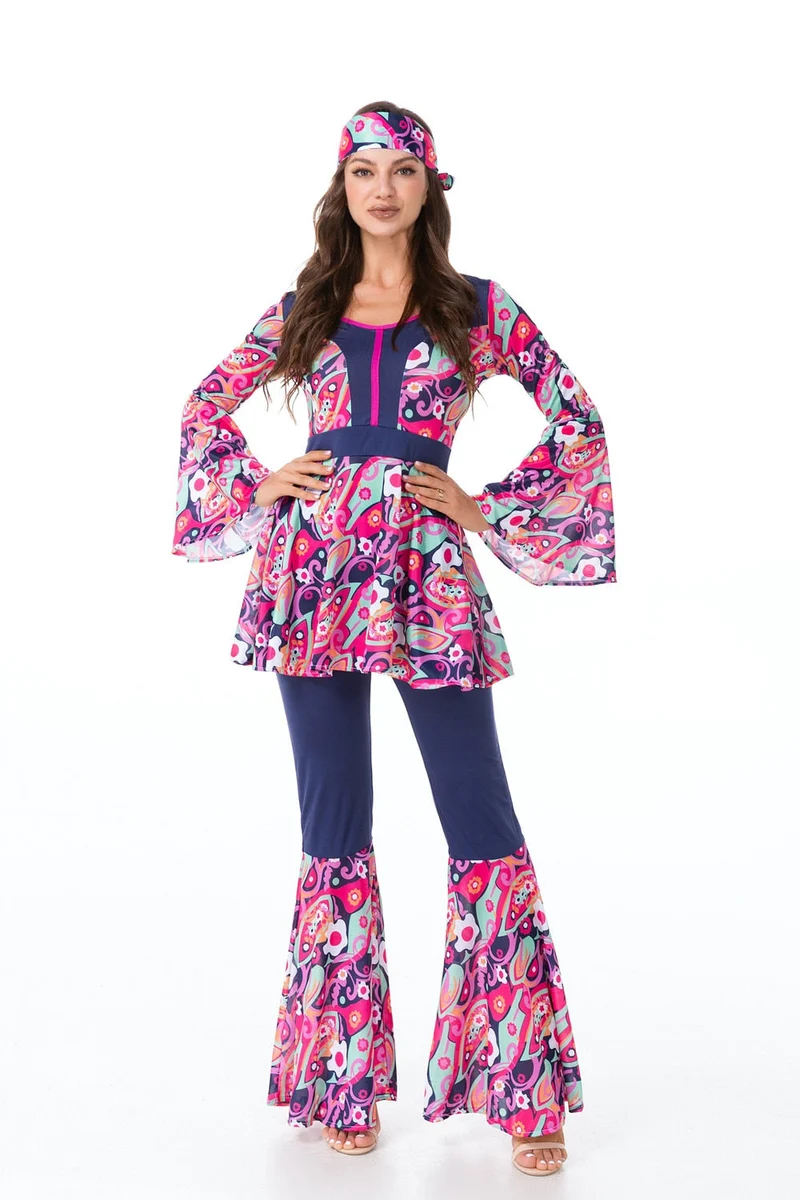 Retro 60s 70s - Hippie Kostuum - Top + Broek + Hoofdband - Voor Vrouwen
