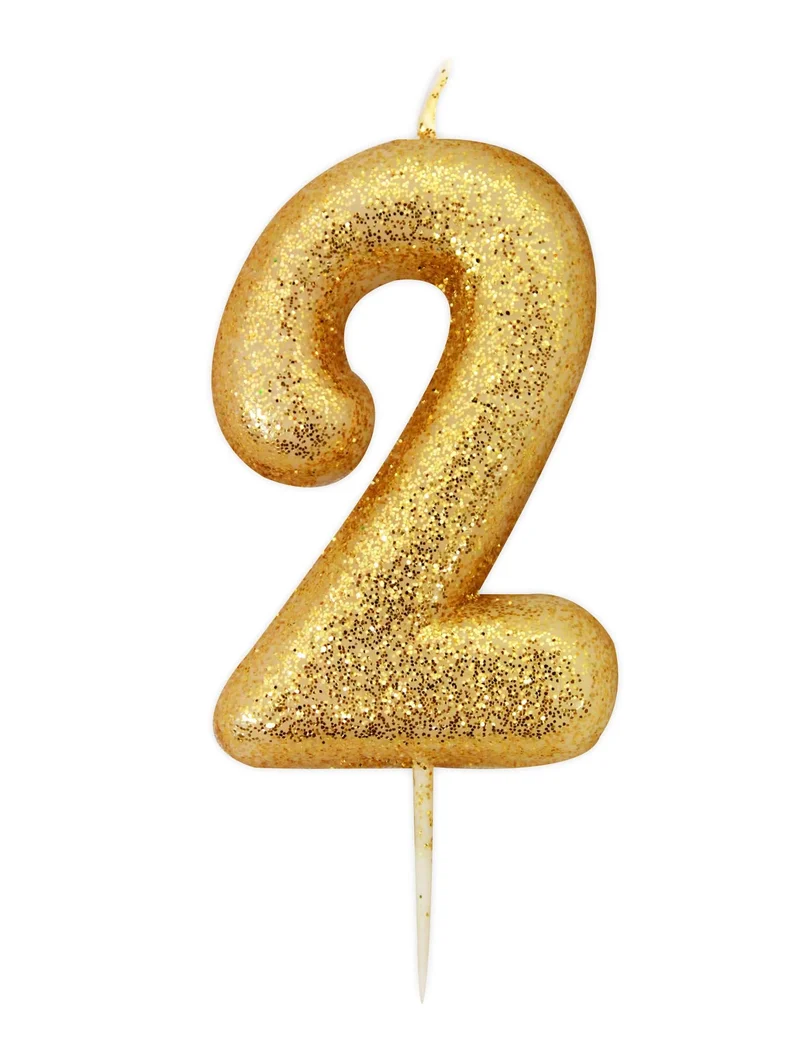 Goldene Glitzer-Zahlenkerze 2, 8,5 cm mit Spieß