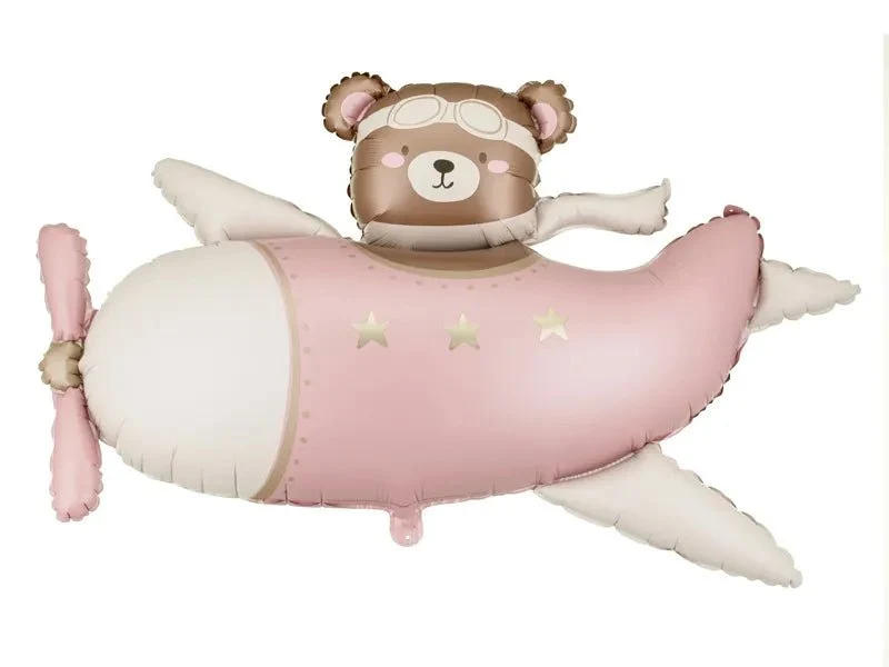 Bär-Folienballon, braun-rosa, im Flugzeug, leer, 94 cm