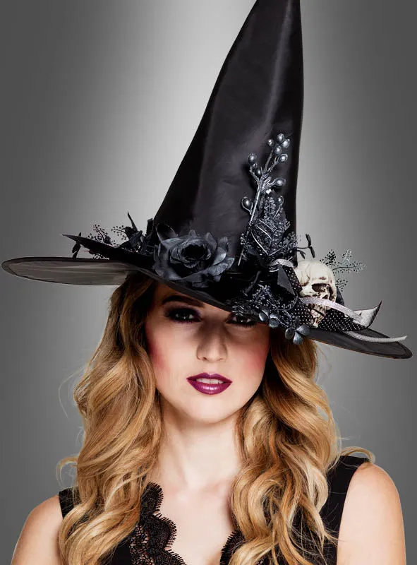 Halloween Hut für Hexen mit Totenkopf-Blumen Schmuck