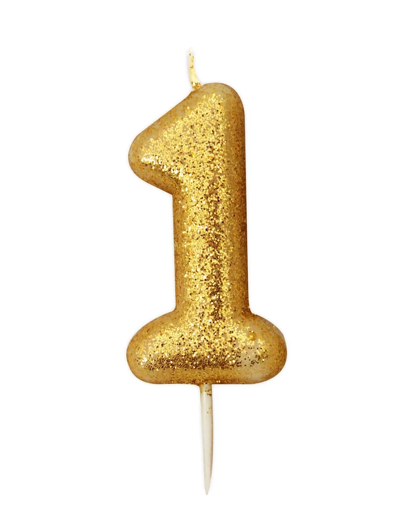Goldglitzernde Zahl 1 Kerze 9 cm mit Spieß