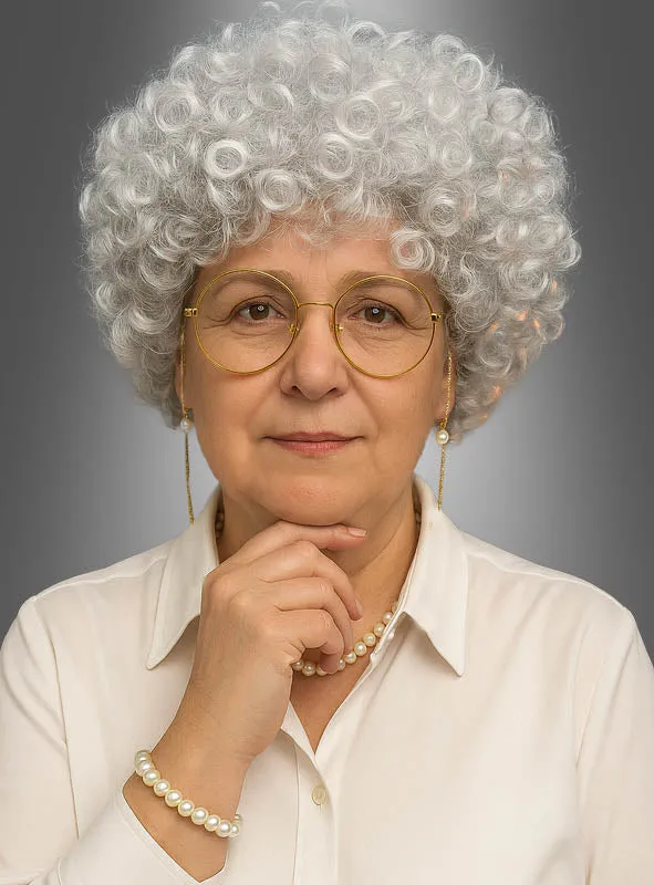 Silbergraue Oma Perücke Golden Girl mit Zubehör