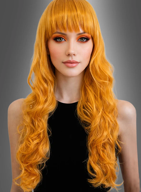 Lange Locken Perücke mit Pony orange