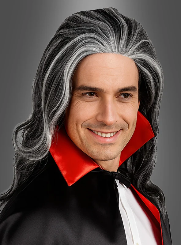 Halloween Perücke für Herren schwarz mit grauen Strähnen