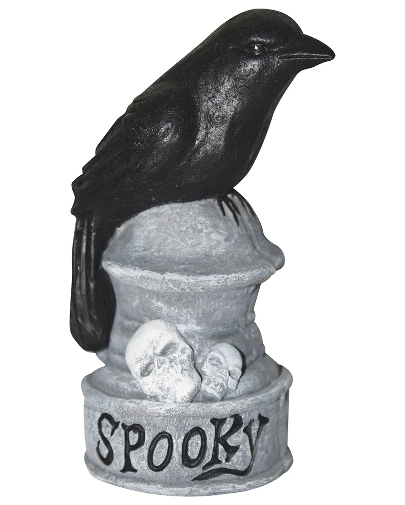 Deko Grabstein aus Zement mit Spooky Schrift & Rabe 14cm