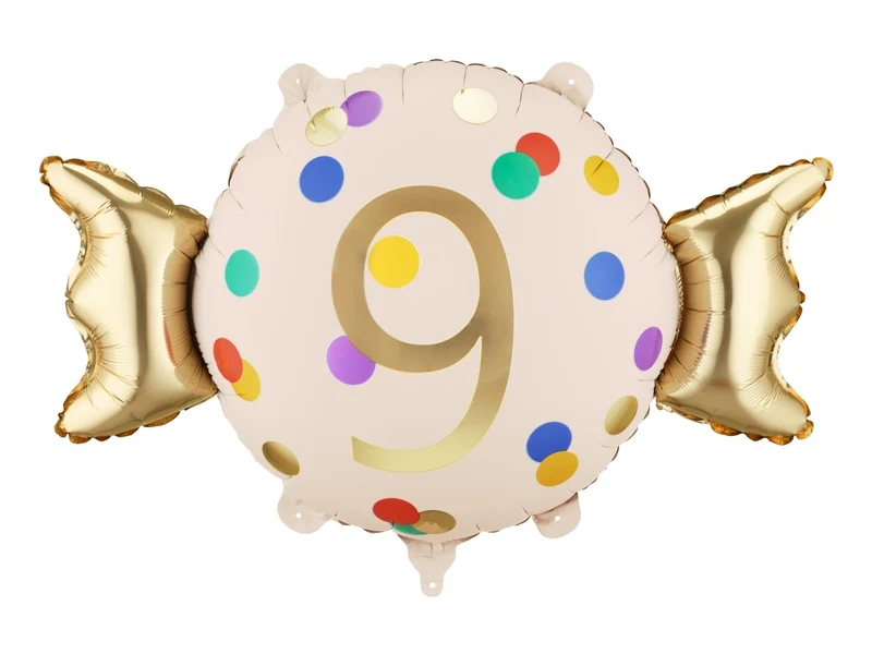 9 Jahre Folienballon, gold, mit Süßigkeiten, leer, 61 cm