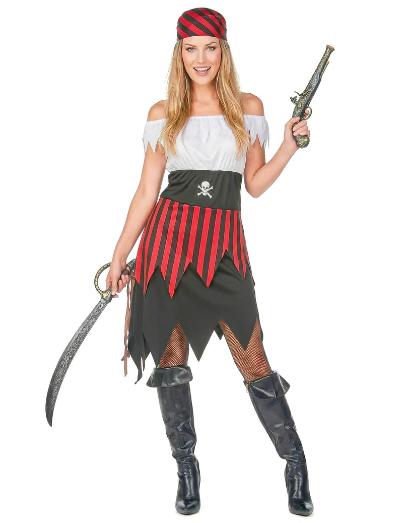 Freibeuterin-Kostüm mit Fransen für Damen schwarz-weiss-rot