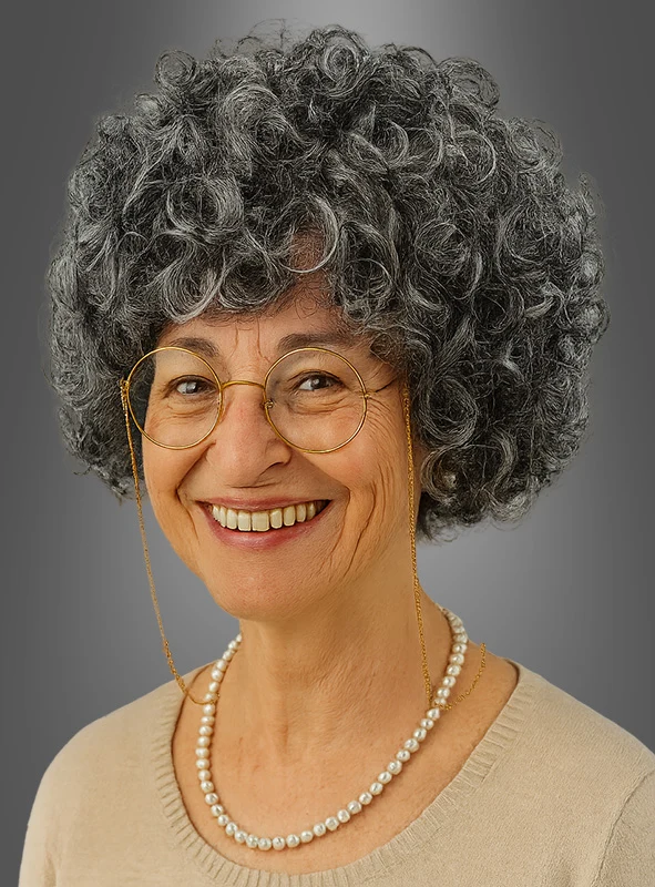 Oma graue Lockenperücke mit Schmuck Set
