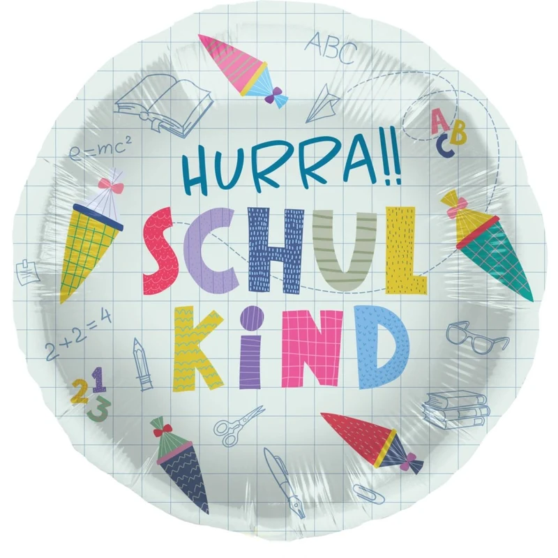 Farbiger Folienballon „Schulanfang Hurra“ Schulkind, leer, 45 cm