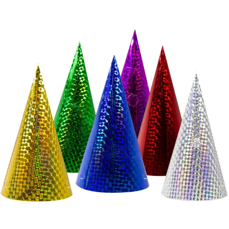 Bunte Partyhütchen, Metallic, 16 cm, 6 Stück