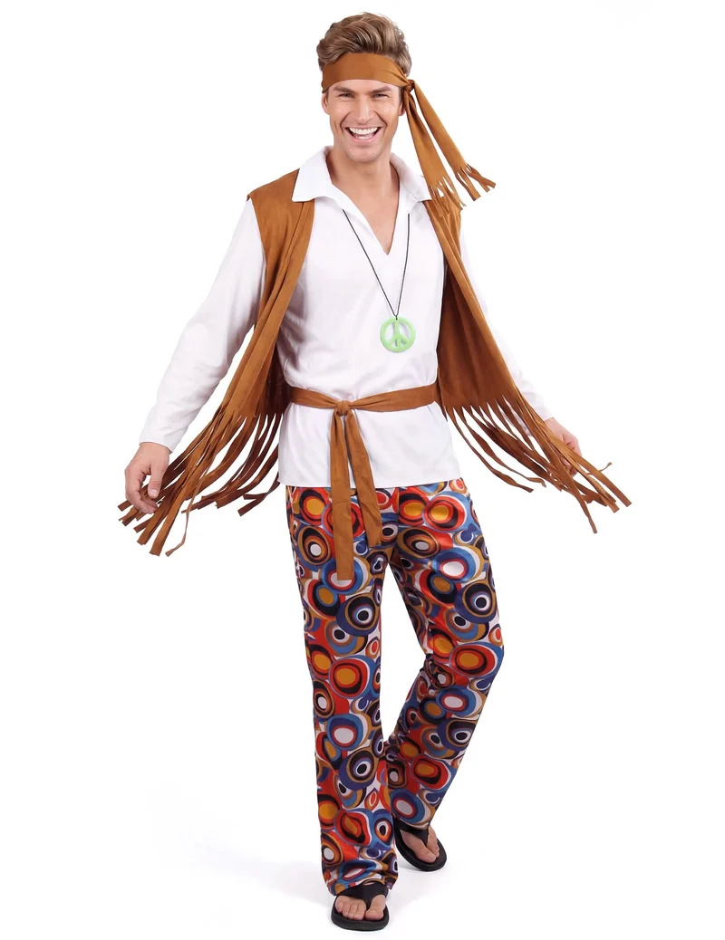 Hippiekostüm für Herren mit Stirnband bunt