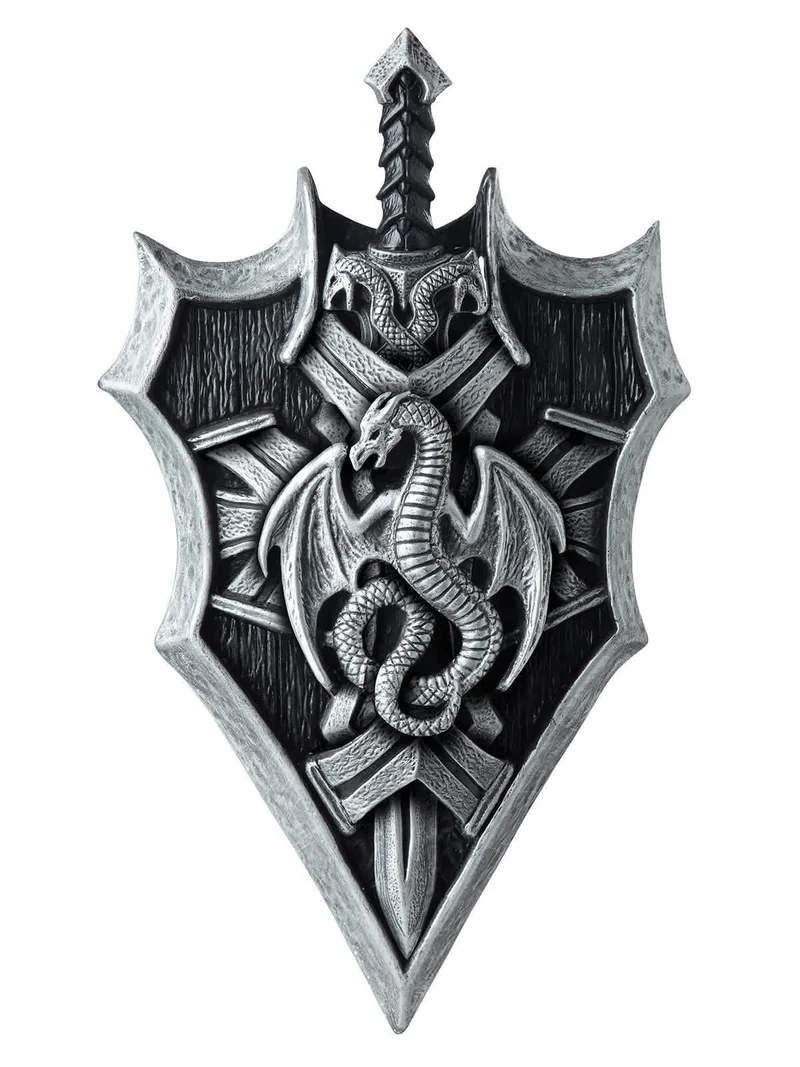 Ritter-Schild mit Schwert und Drachen Accessoire grau-schwarz 53x36 cm