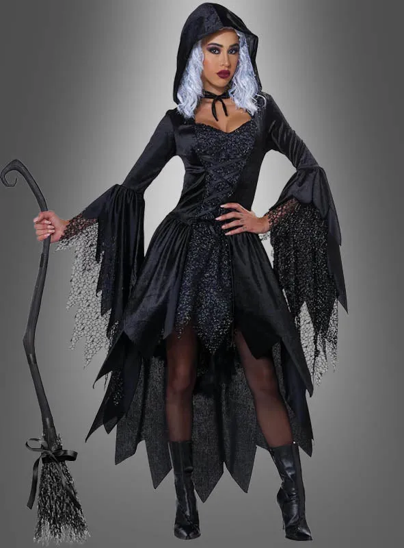 Schwarze Glamour Hexe Kleid mit Kapuze