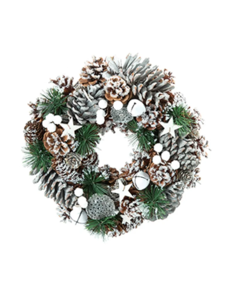 Couronne de Noël naturelle pommes de pin enneigées 30 cm