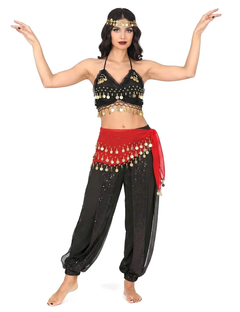 Komplettes orientalisches Tänzerinnenkostüm, schwarz und rot, für Damen