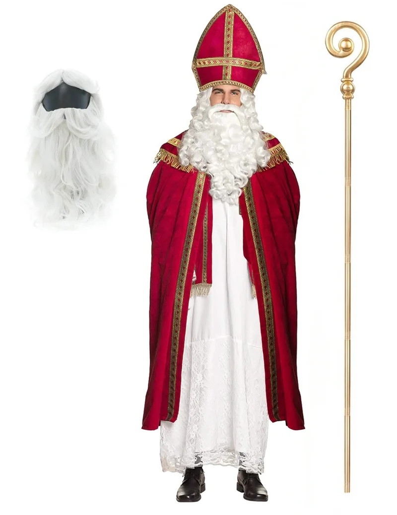 Sankt Nikolaus Kostüm Set mit Bischofsstab, Bart und Perücke für Erwachsene