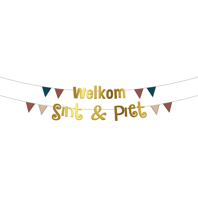 Goldene Buchstaben-Girlande „Willkommen, Nikolaus & Piet“ 2 m, 2 Stück