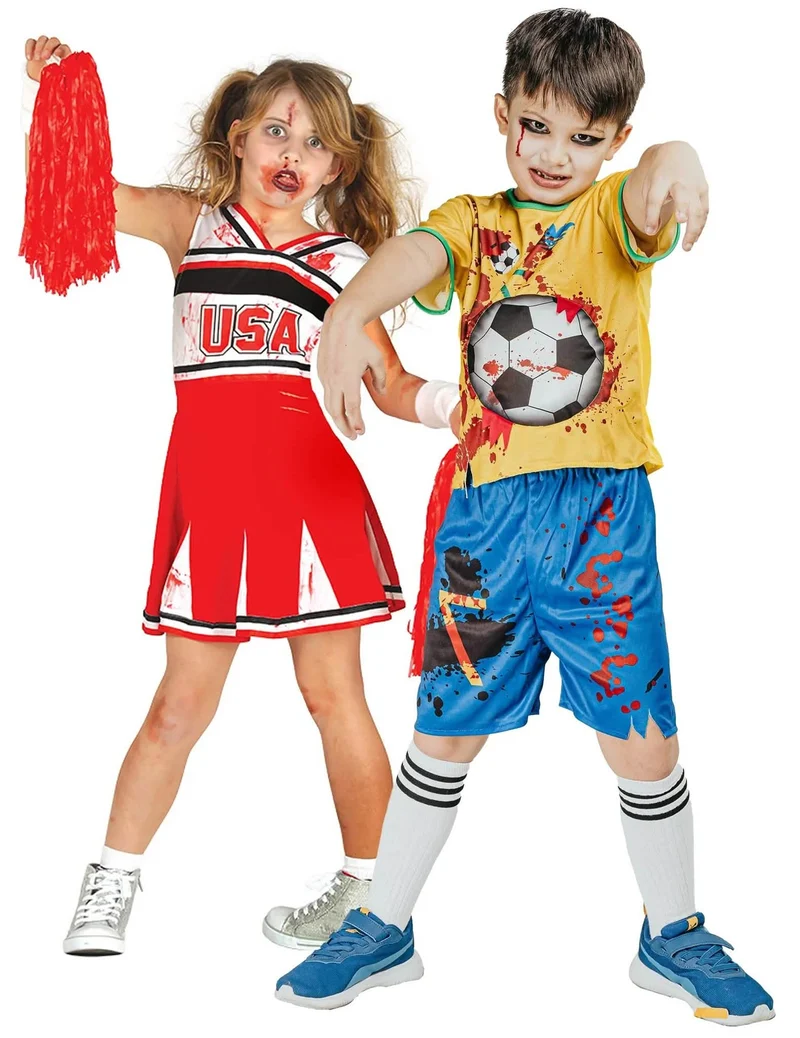 Zombie Cheerleaderin und Zombie Fußballer Paarkostüm für Kinder