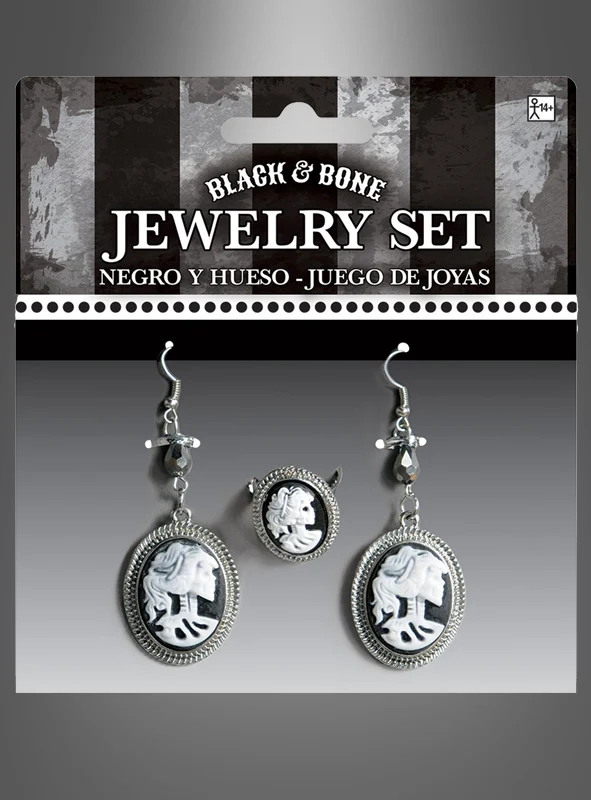 Cameo Ohrringe und Ring Set Skelettdame