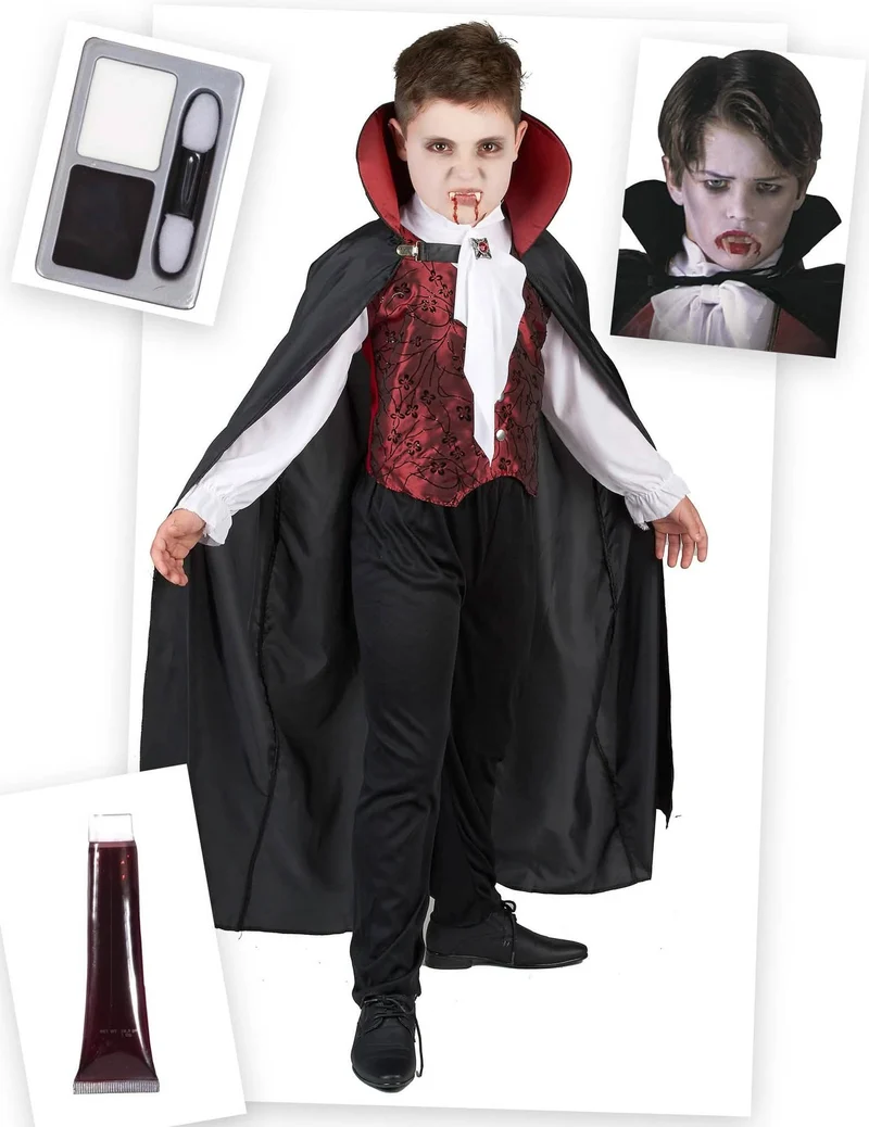 Vampir-Kostüm-Set für Kinder Halloween-Kostüm 6-teilig schwarz-rot-weiss