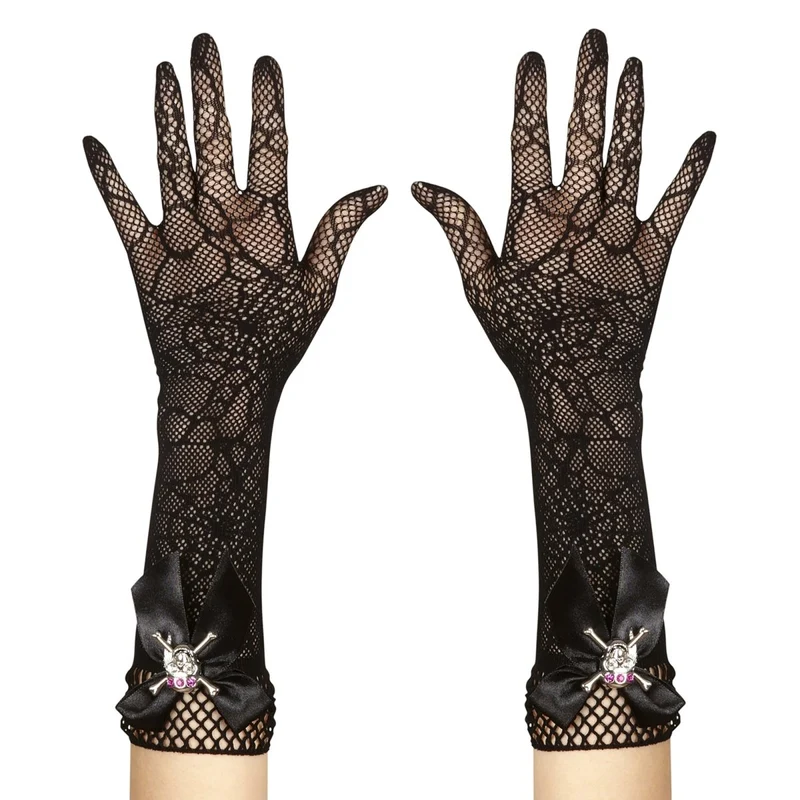 Halloween Handschuhe Spinnennetz und Totenkopf