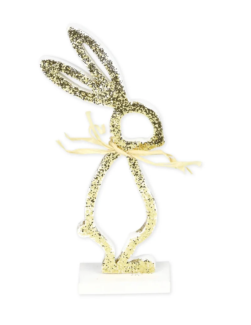 Hase auf Holzsockel, weiß mit goldenen Pailletten, 18 cm, für Ostern