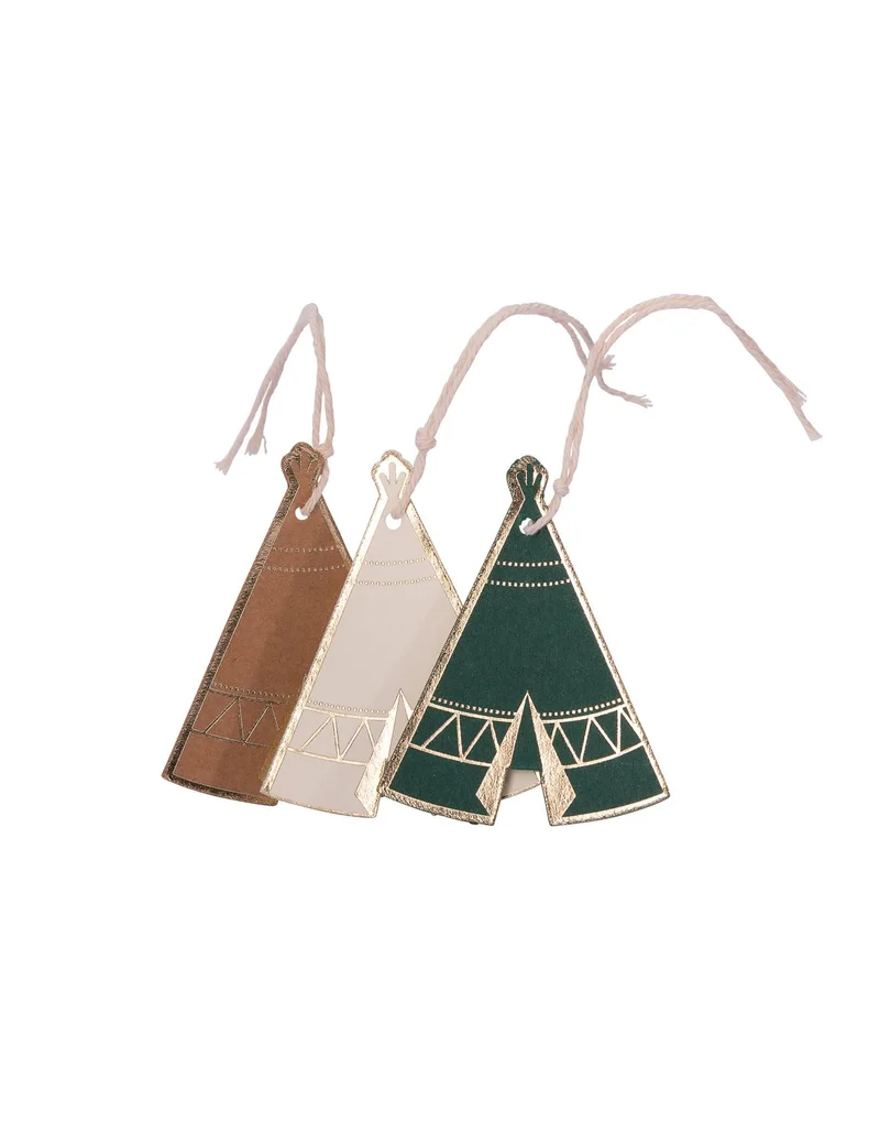 8 Tipi Indian Forest Kraft Pappetiketten grün elfenbein gold mit Schnur