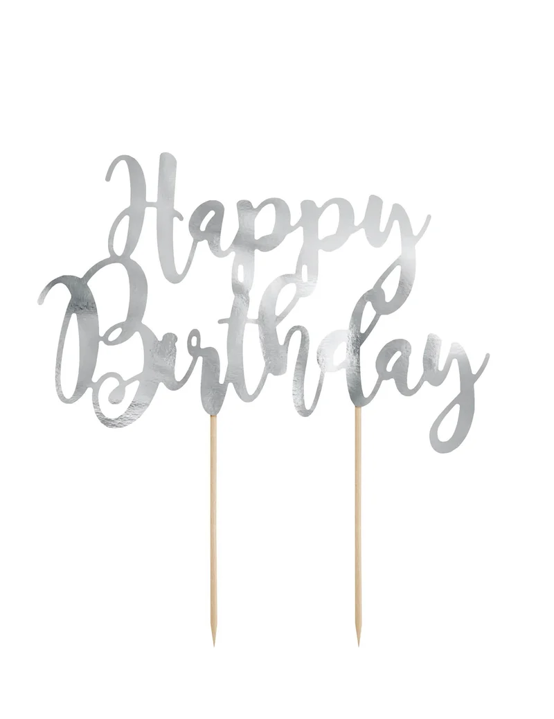 Tortenaufleger aus Karton Happy Birthday metallisch silber 22,5 cm für Kuchen