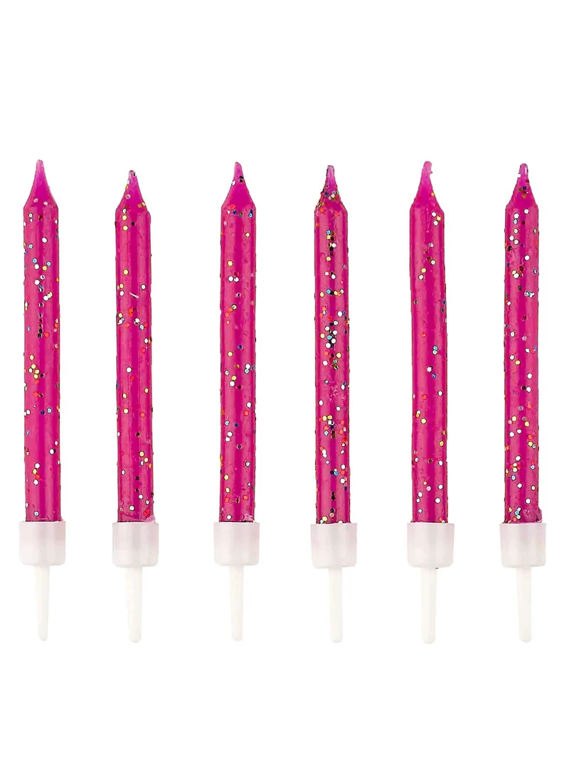 12 fuchsia-rosafarbene Glitzer-Geburtstagskerzen 6 cm mit Haltern