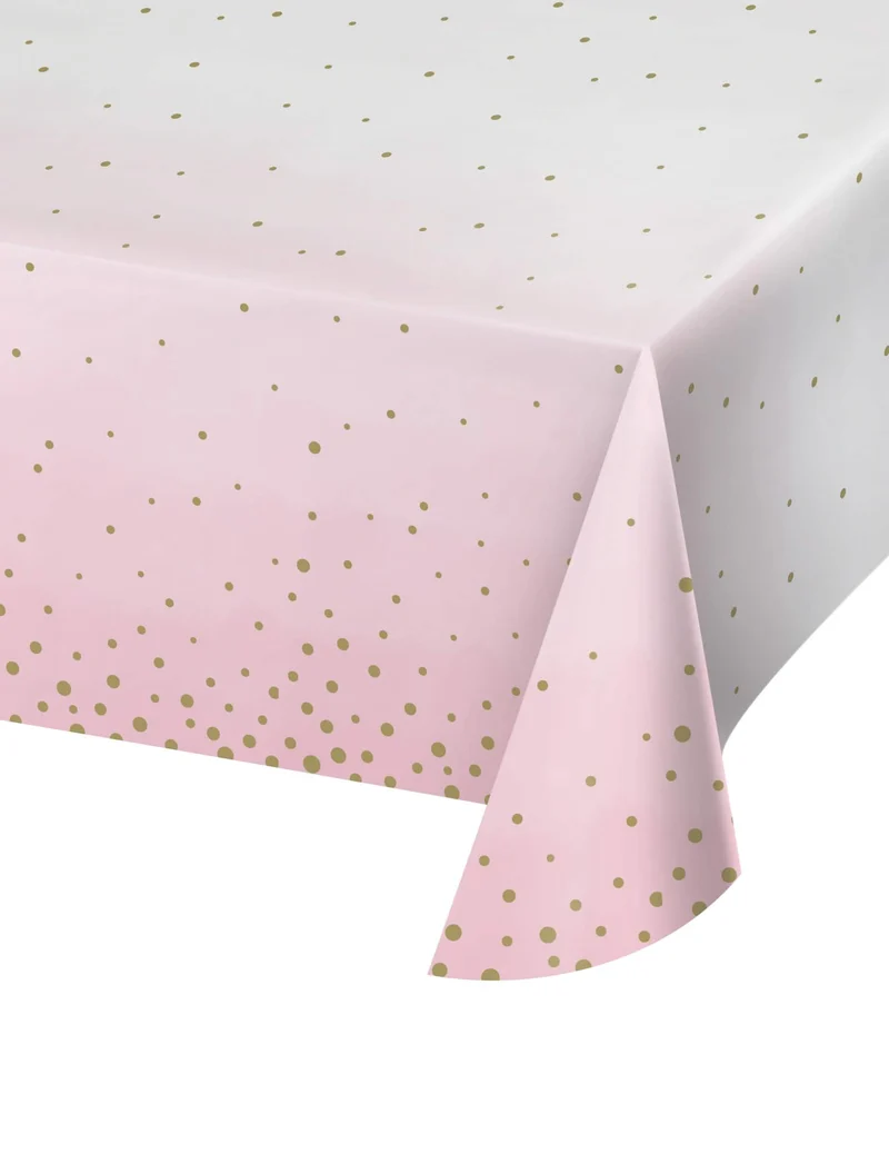Rosa und weiße Papiertischdecke mit goldenen Punkten 137 x 259 cm für Babyparty