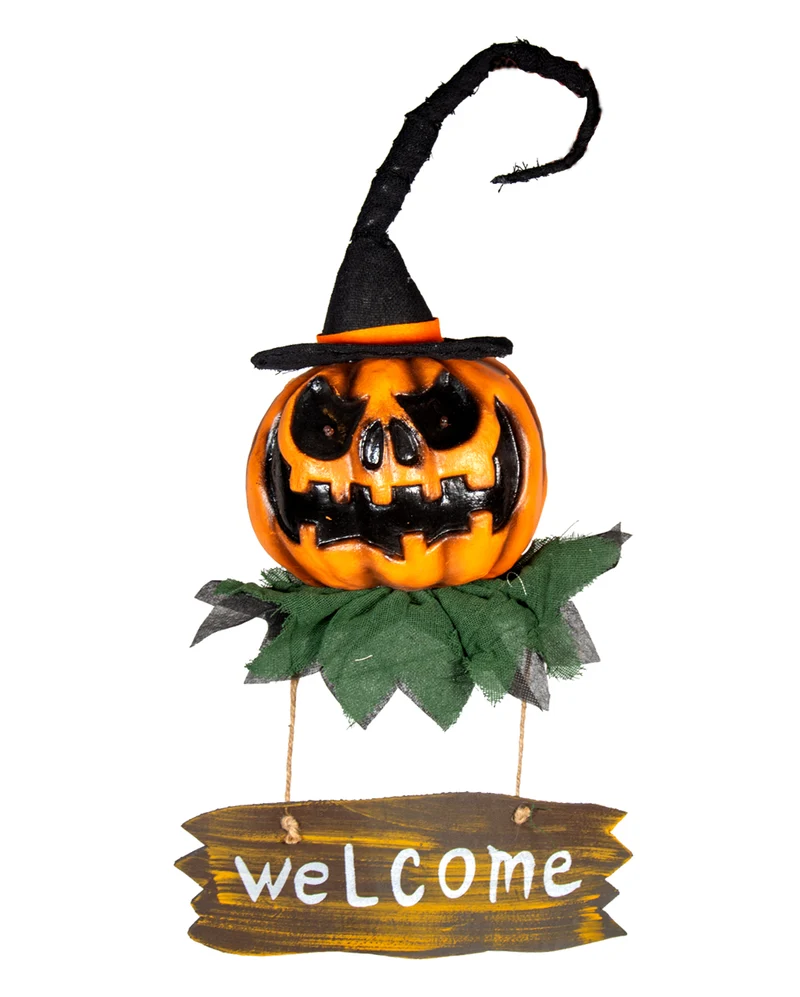 Kürbis mit Leuchtaugen Welcome Schild 52cm