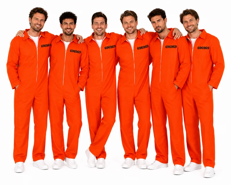 Boevenpak Heren Groepskostuum 6 Personen – 6x Oranje Gevangenis Jumpsuit