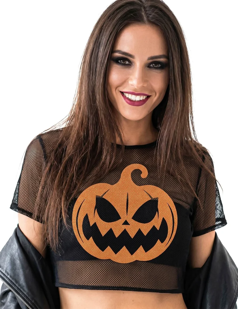 Damen Crop Top Netzoptik KÃ¼rbis Halloween